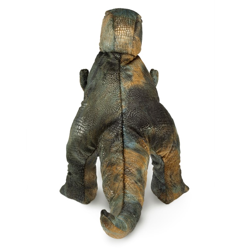Folkmanis small Tyrannosaurus Rex hand puppet shown from the back with a detailed green and brown scale pattern
