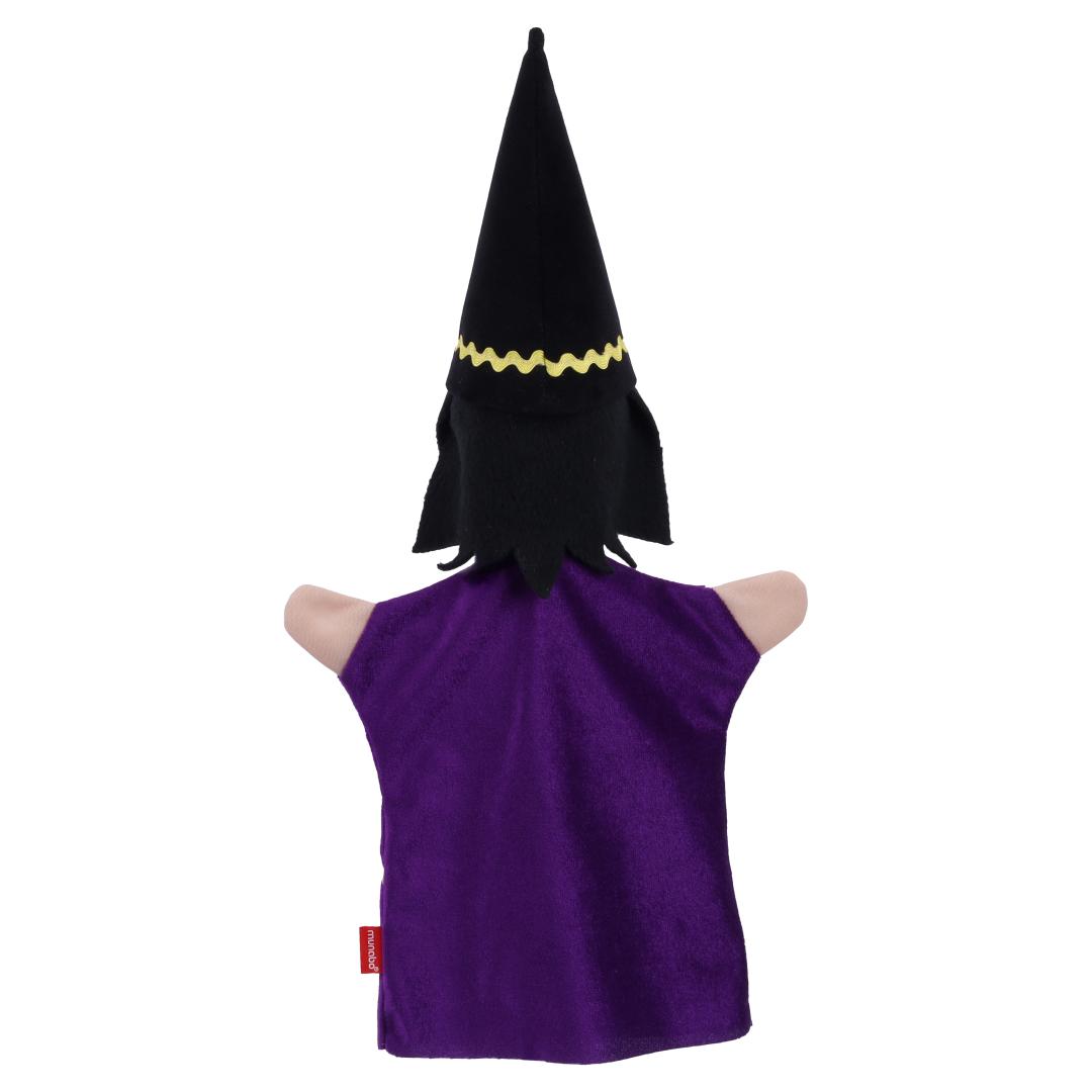 Evil Wizard hand puppet by munabo, rear view of the black pointed hat over shoulder-length hair.