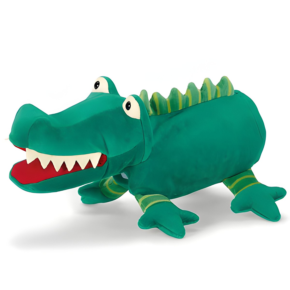 Sterntaler baby hand puppet crocodile, green body with white teeth, a red mouth and jagged back spikes