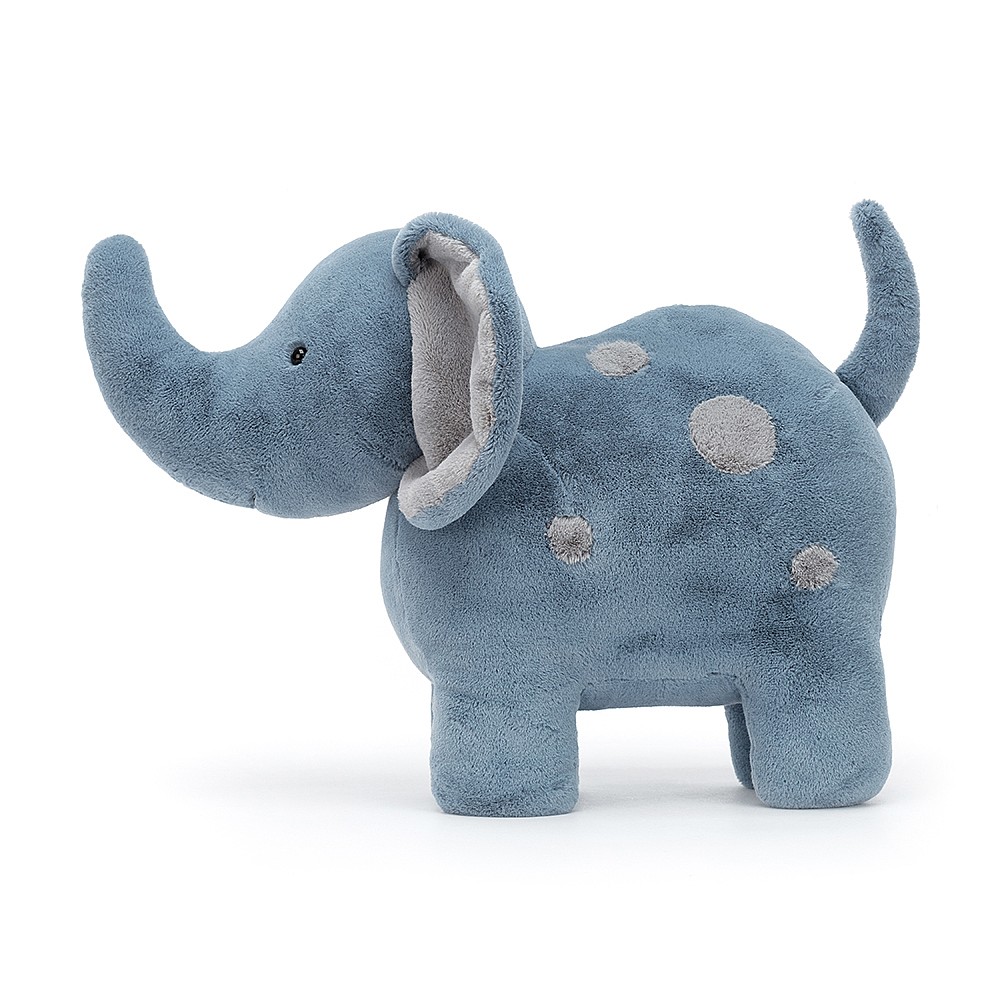 Jellycat plush toy elephant Spottie Big, blue plush toy with grey spots, side view with a raised trunk