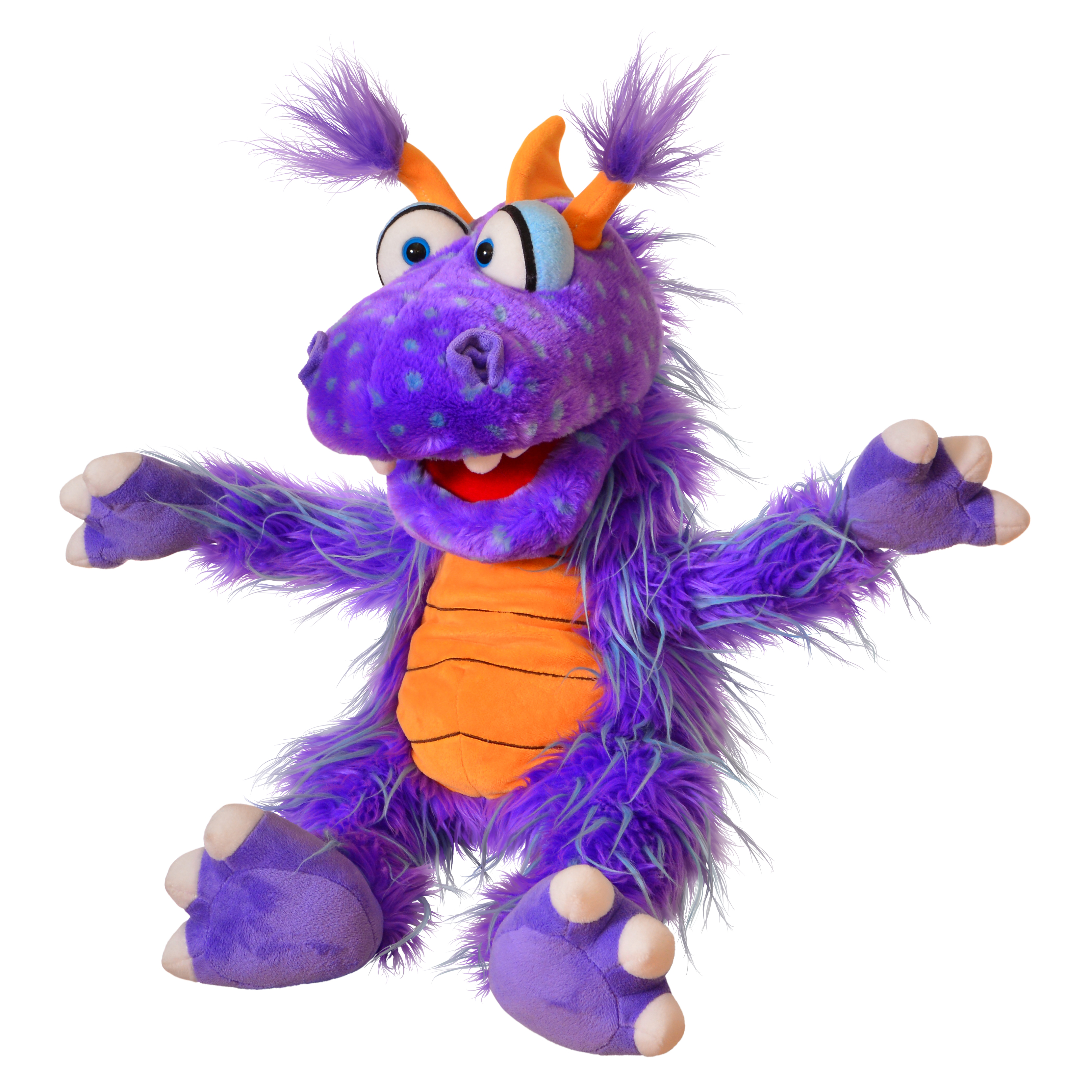Living Puppets Ratschepü the Dragon hand puppet, shaggy purple character with orange ribbed belly, small horns and arms spread wide, front view