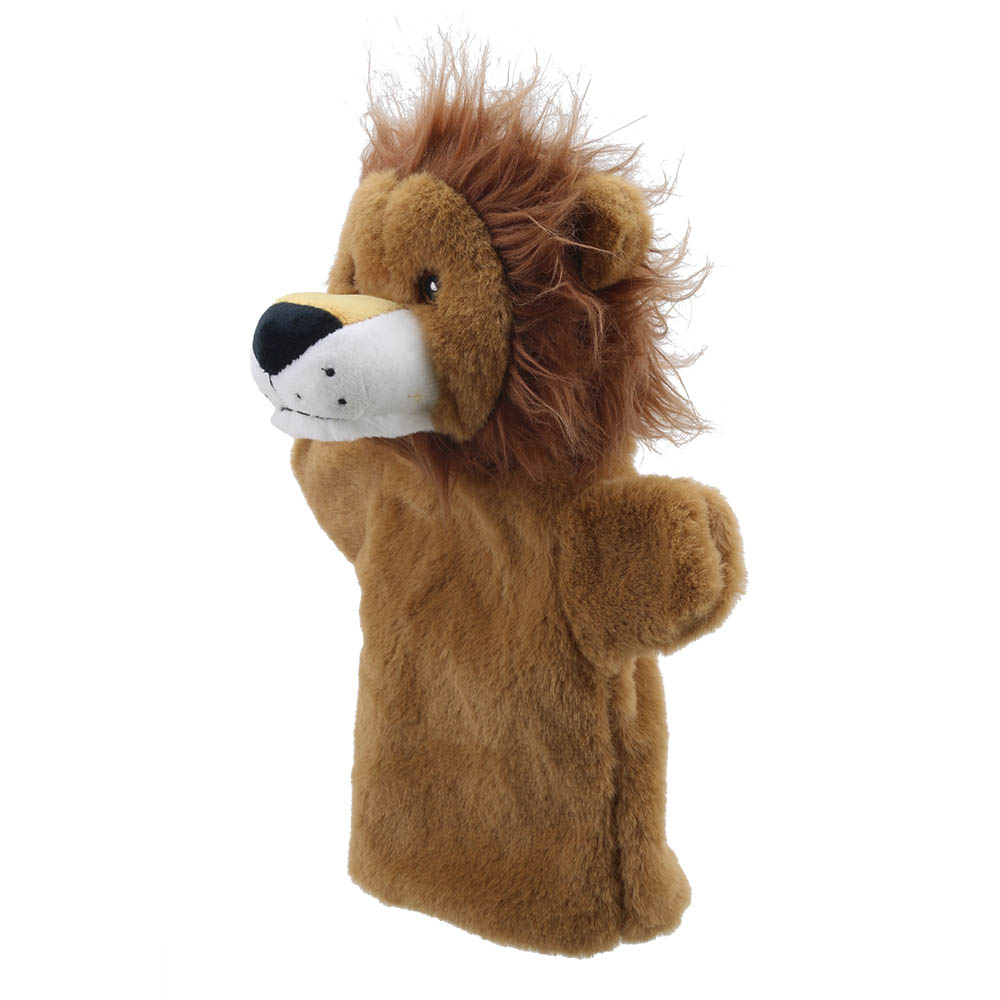 The Puppet Company baby hand puppet lion, brown lion puppet with a shaggy mane and an outstretched paw