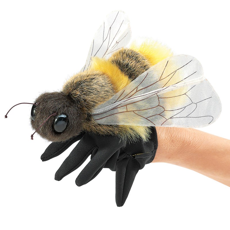 Folkmanis honey bee hand puppet with yellow-black plush body, transparent wings and black glove, side view