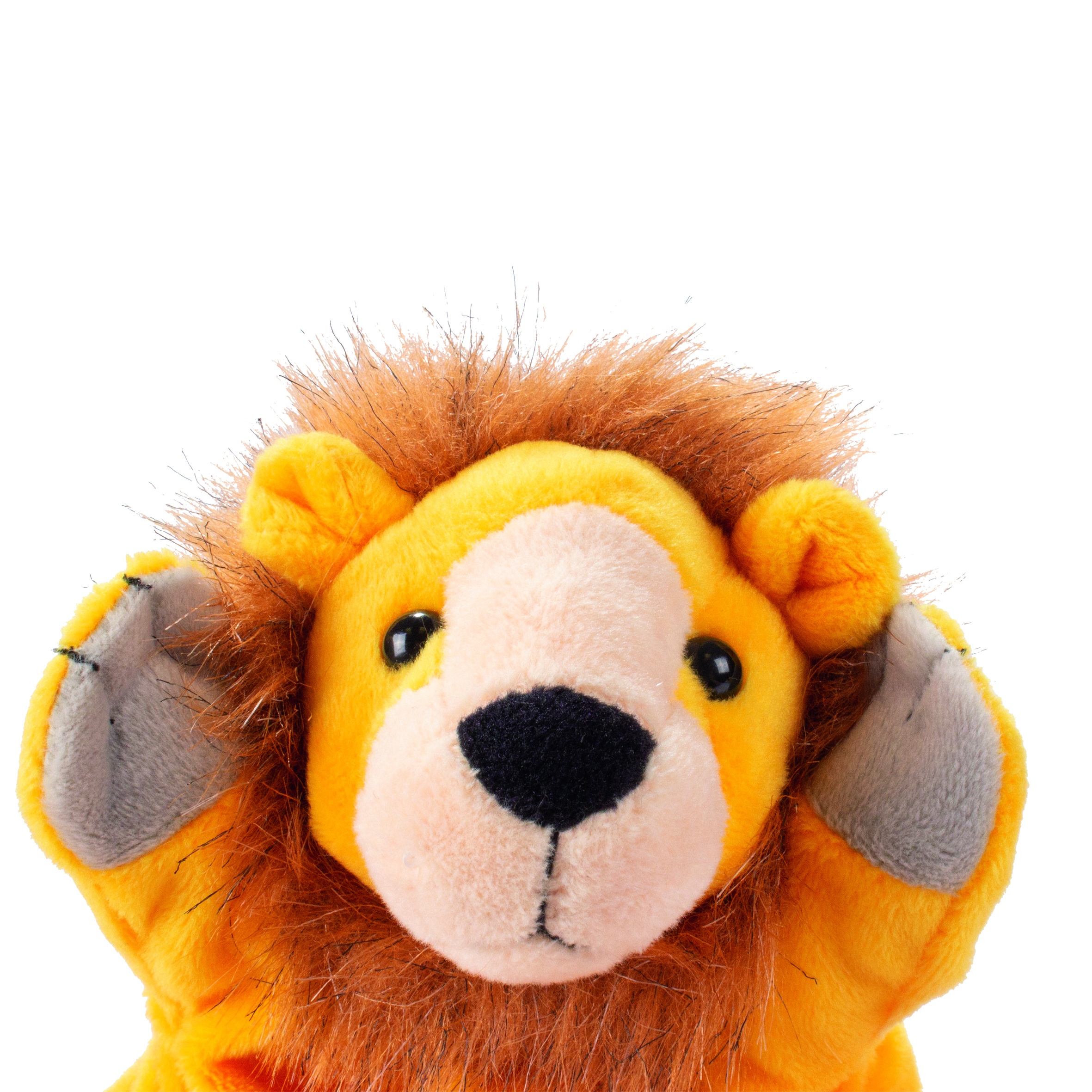 Beleduc hand puppet lion, close-up of the head with a brown mane and yellow fur