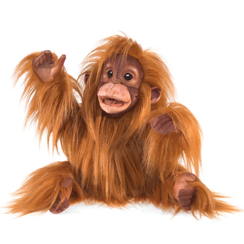 Folkmanis baby orangutan hand puppet with long reddish-brown fur, open mouth and outstretched arm, front view