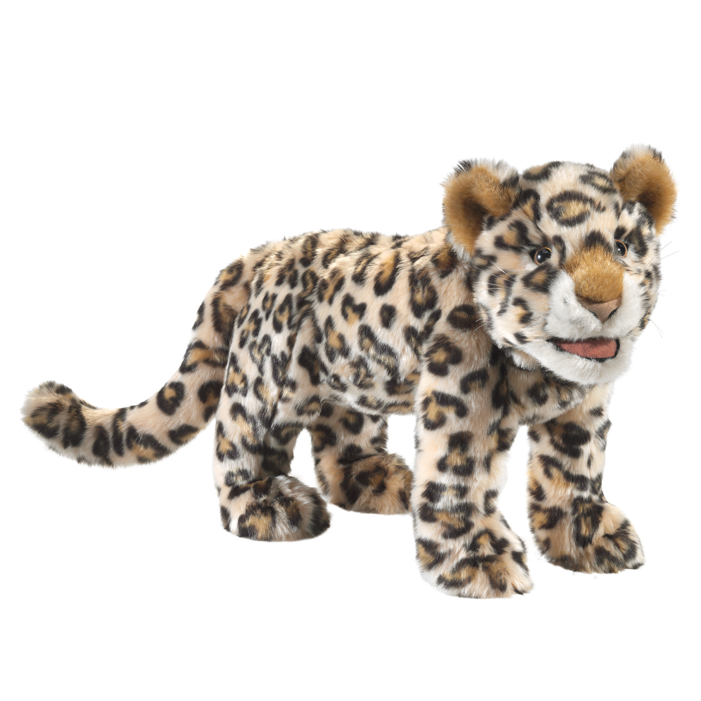 Folkmanis leopard cub hand puppet with detailed fur pattern, open mouth and brown ears, standing in side view