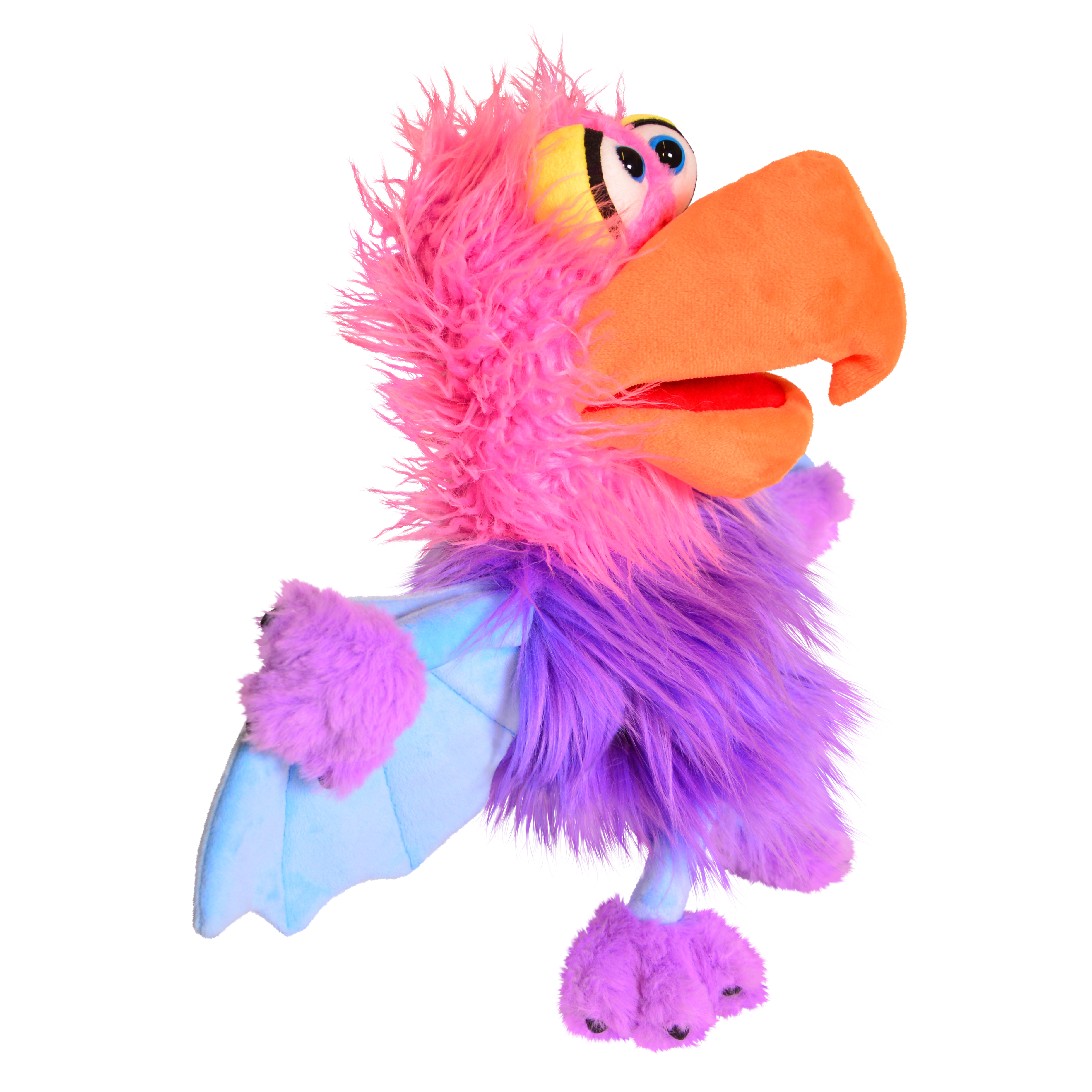 Living Puppets hand puppet Schnäck, pink and purple bird with a large orange beak and light blue wings, side view