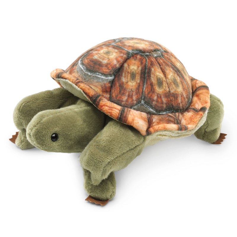 Folkmanis mini tortoise finger puppet with an olive-green plush body and a detailed printed brown shell, shown at an angle