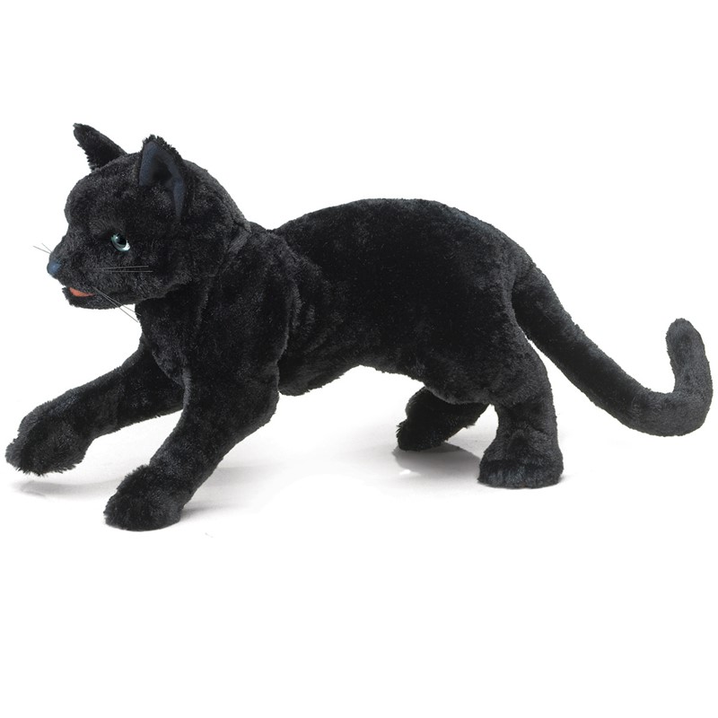 Folkmanis black cat hand puppet in stalking pose, black plush fur, turquoise eyes, side view