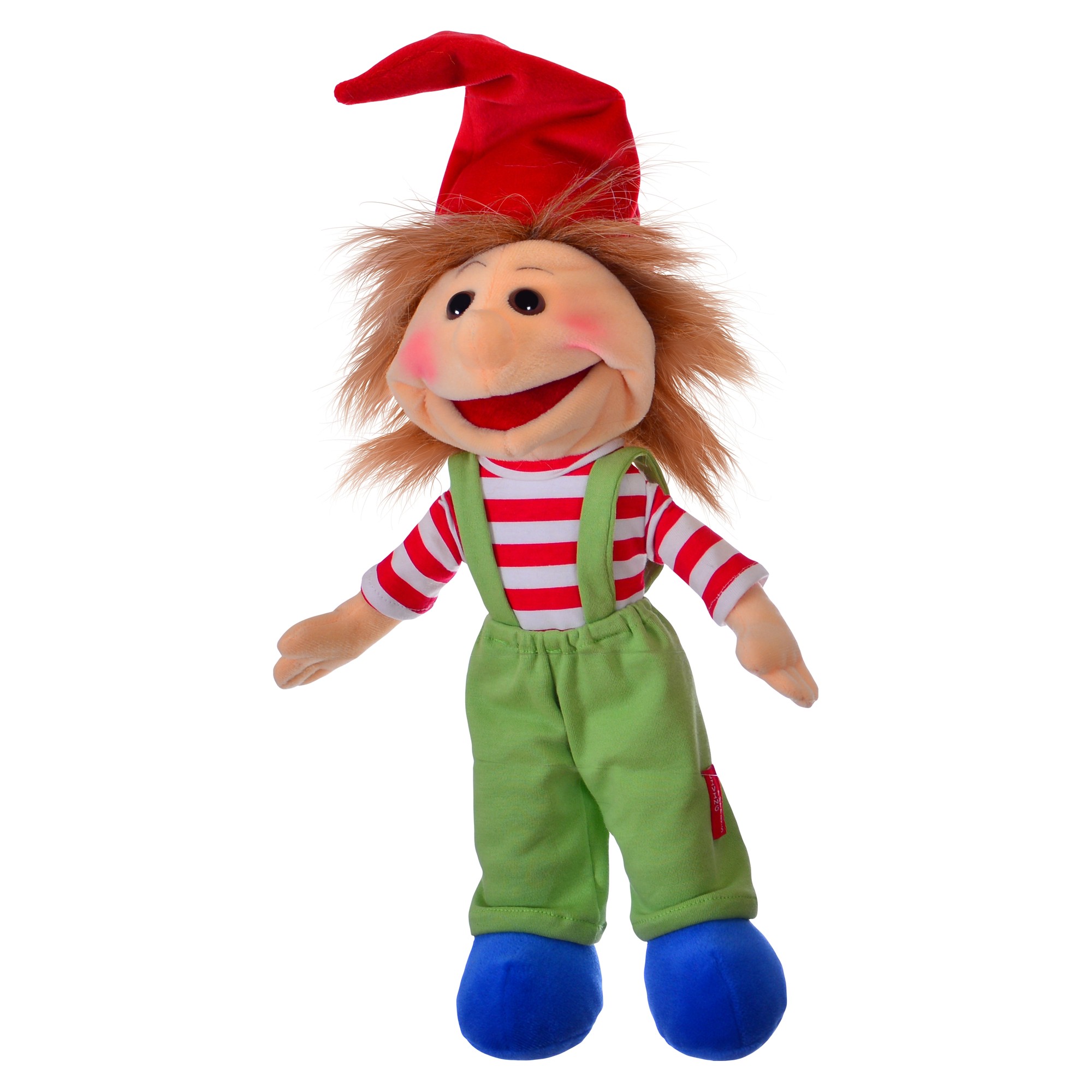 Living Puppets hand puppet Zipfel Mini with a red pointed hat, red and white striped shirt, green dungarees and blue shoes