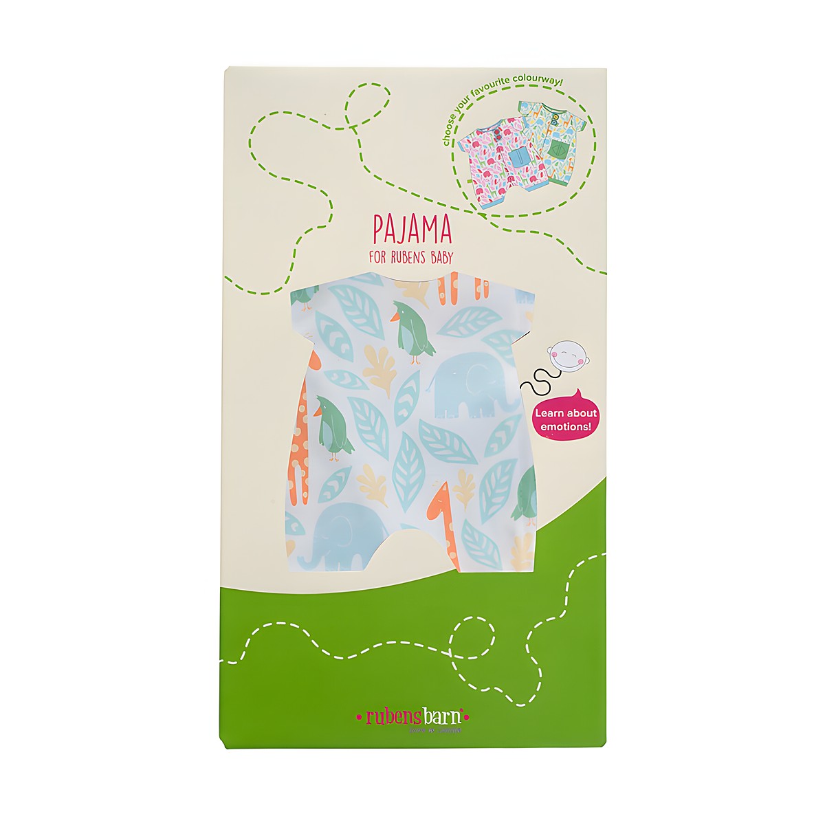 Packaging of the Pocket Friends pyjamas in green by Rubens Barn with viewing window
