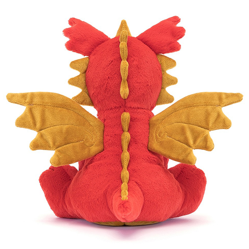 Jellycat plush toy dragon Darvin, red plush toy with golden spikes and wings, back view