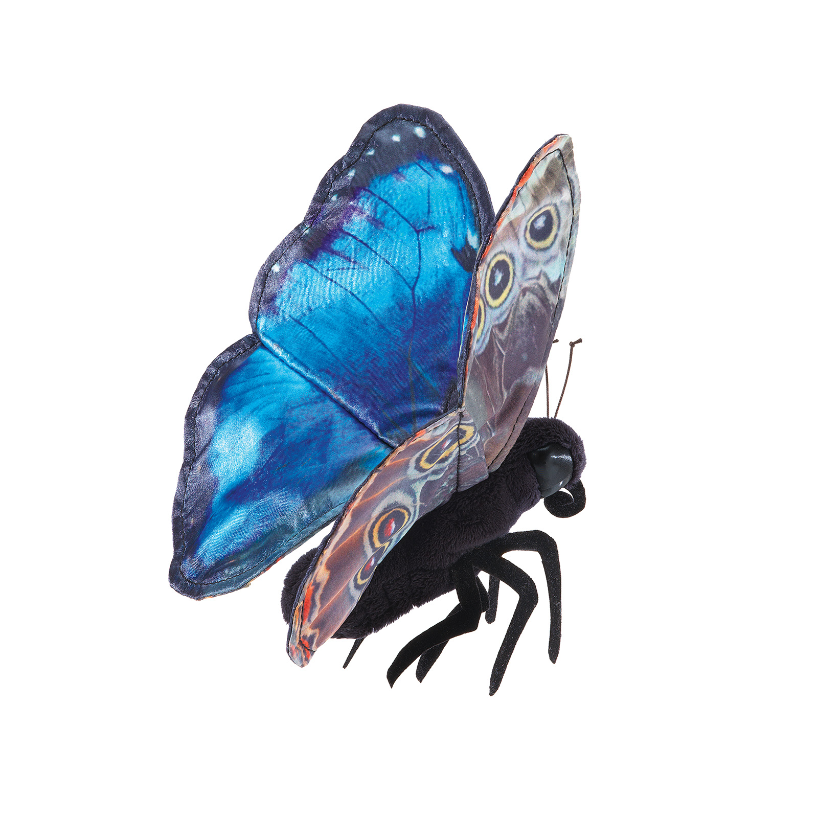 Folkmanis hand puppet Blue Morpho Butterfly with metallic blue shimmering wings and a detailed printed underside with eye spots