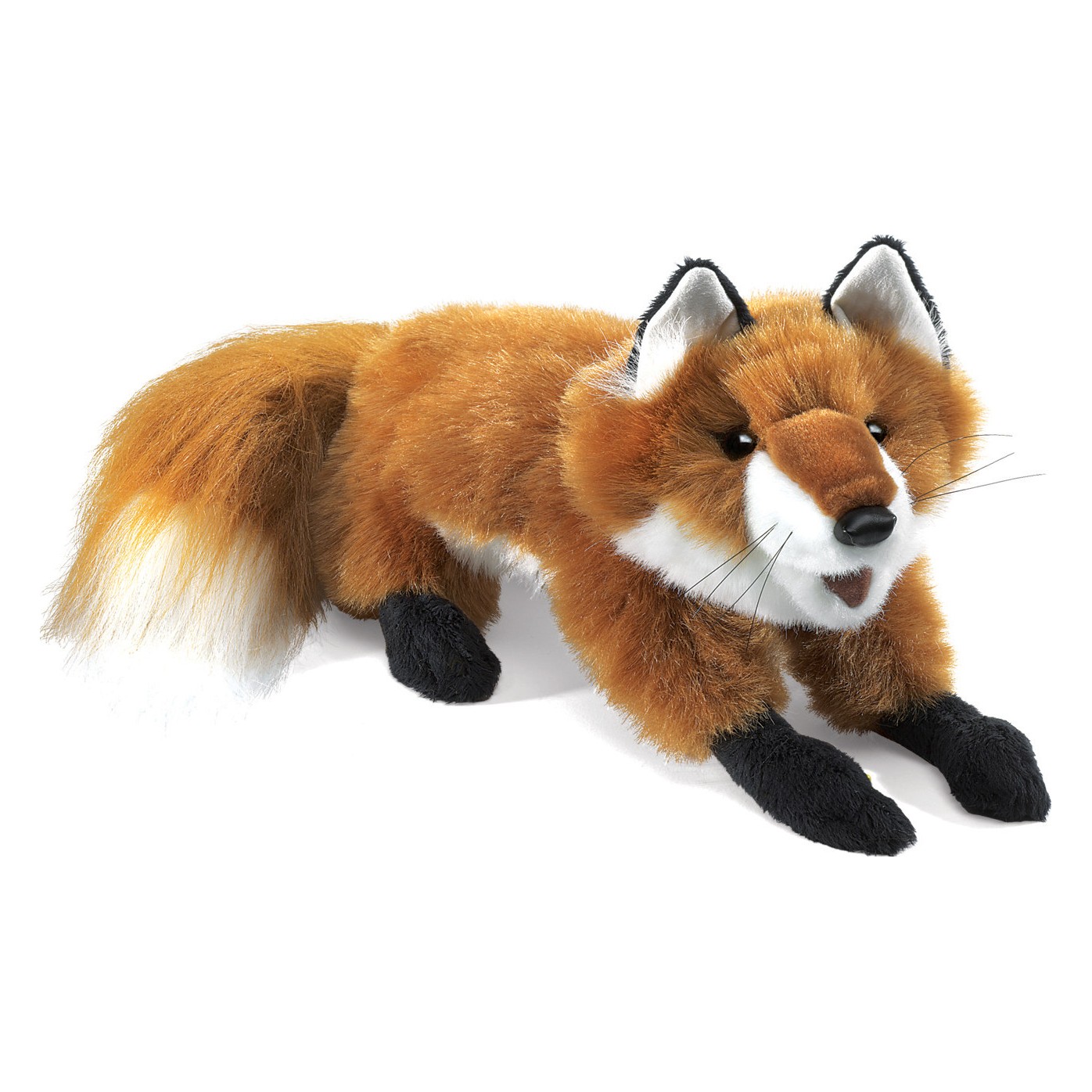 Folkmanis small red fox hand puppet in a lying pose, with red-brown fur, black paws and a bushy tail