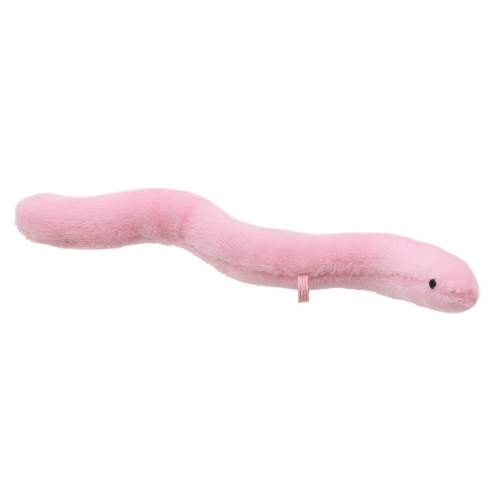 The Puppet Company finger puppet worm, pink elongated worm with small black eyes