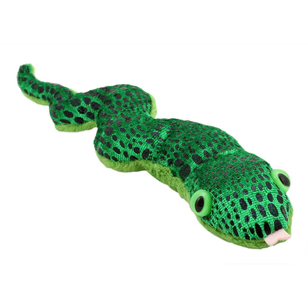 The Puppet Company finger puppet snake, green puppet with black spot markings and a pink tongue