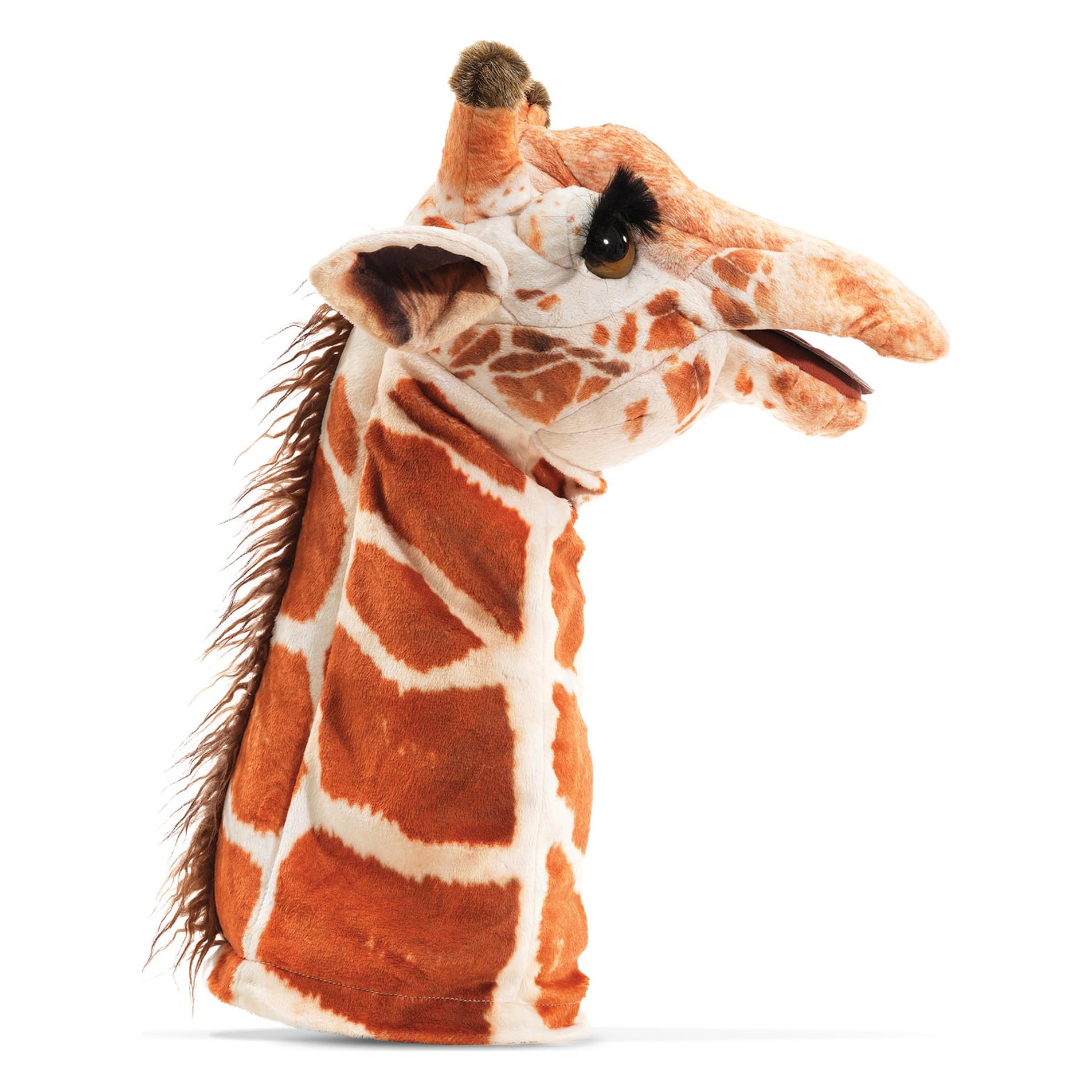 Folkmanis giraffe hand puppet with movable mouth, orange-brown spot pattern and dark mane, side view