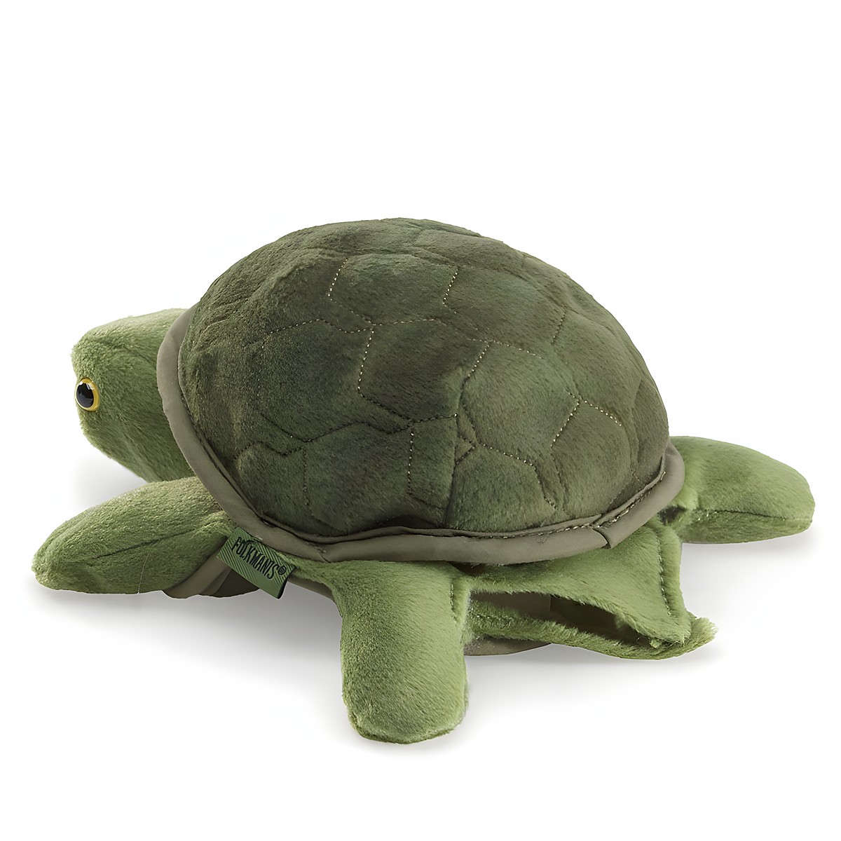 Folkmanis baby turtle hand puppet in olive green with a quilted shell and yellow-black eye, shown at an angle
