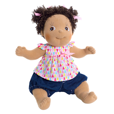 Rubens Kids doll Mimmi with brown tousled hair, patterned top and denim shorts