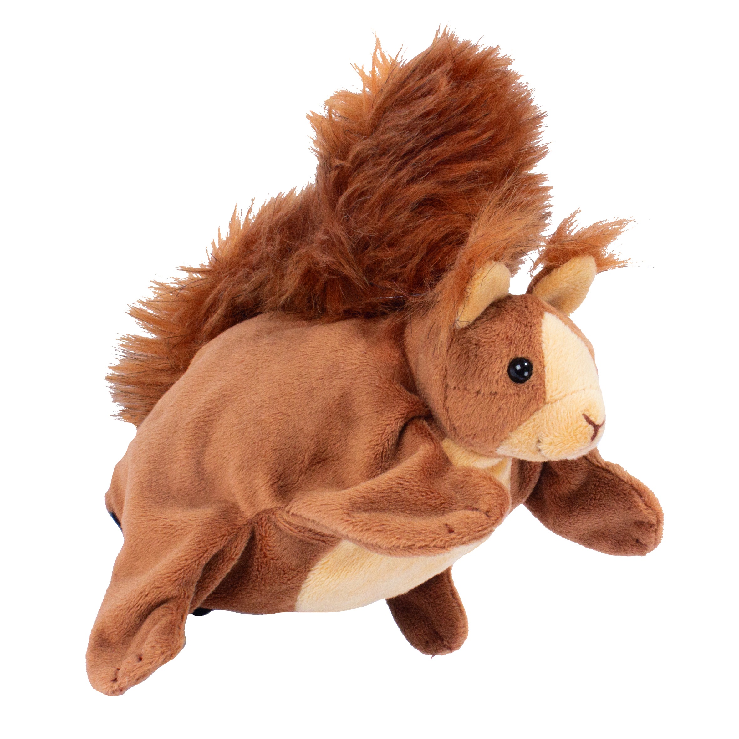Beleduc hand puppet squirrel with reddish-brown fur and a bushy tail, crouching pose