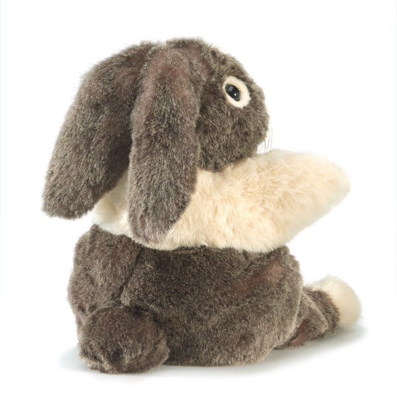 Folkmanis hand puppet Dutch rabbit, grey-brown with a cream belly patch, lop ears, sitting pose, side view