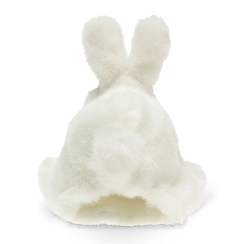 Folkmanis white bunny hand puppet seen from behind, with upright ears and visible hand opening on the underside