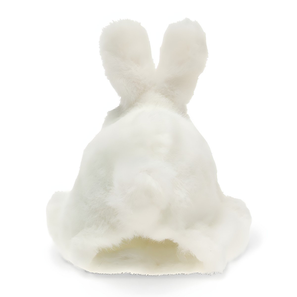 Folkmanis white bunny hand puppet seen from behind, with upright ears and visible hand opening on the underside