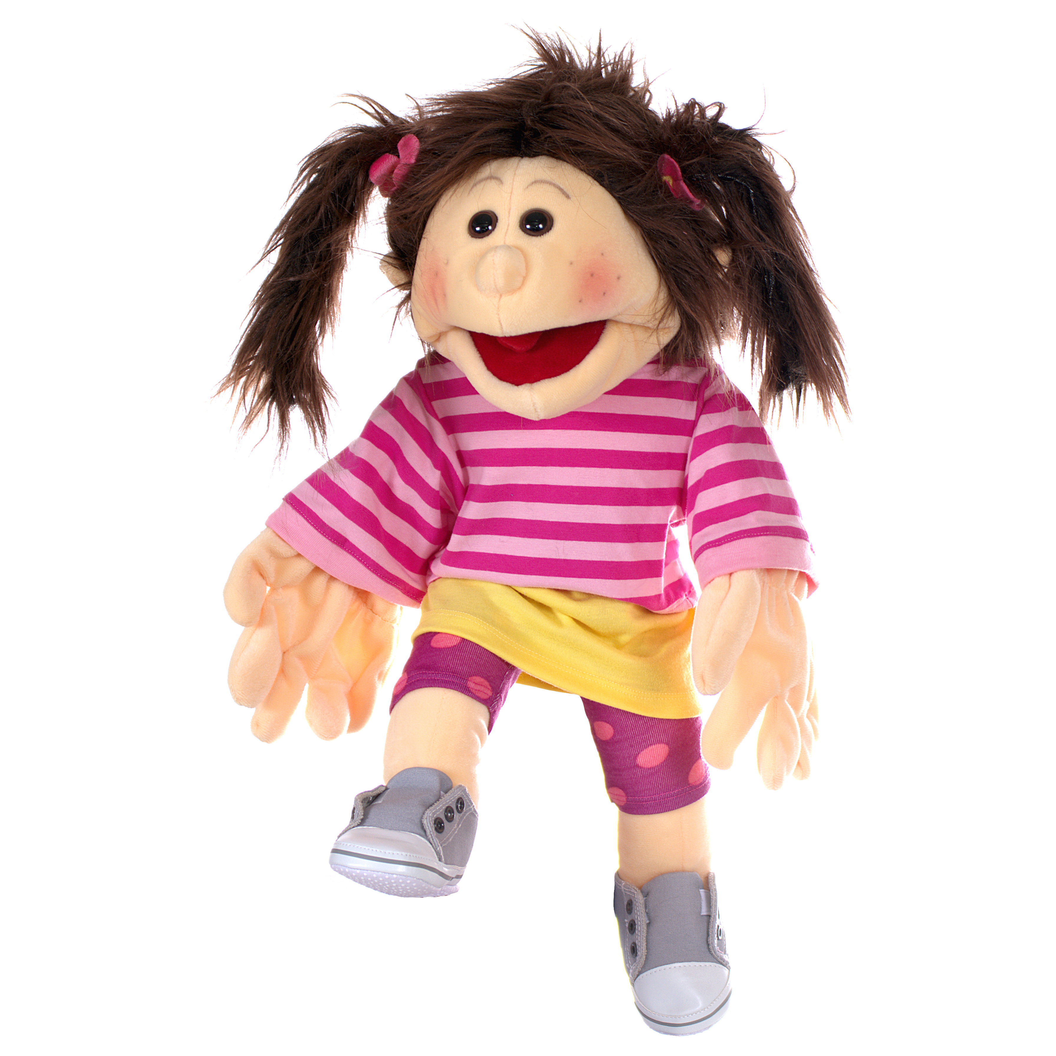 Living Puppets hand puppet Little Finja in a stepping pose with open hands, wearing a pink striped shirt, yellow skirt and dotted leggings