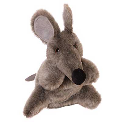 Living Puppets hand puppet Vasco the mouse with grey-brown fur, big ears, a pointed snout and a black nose, sitting
