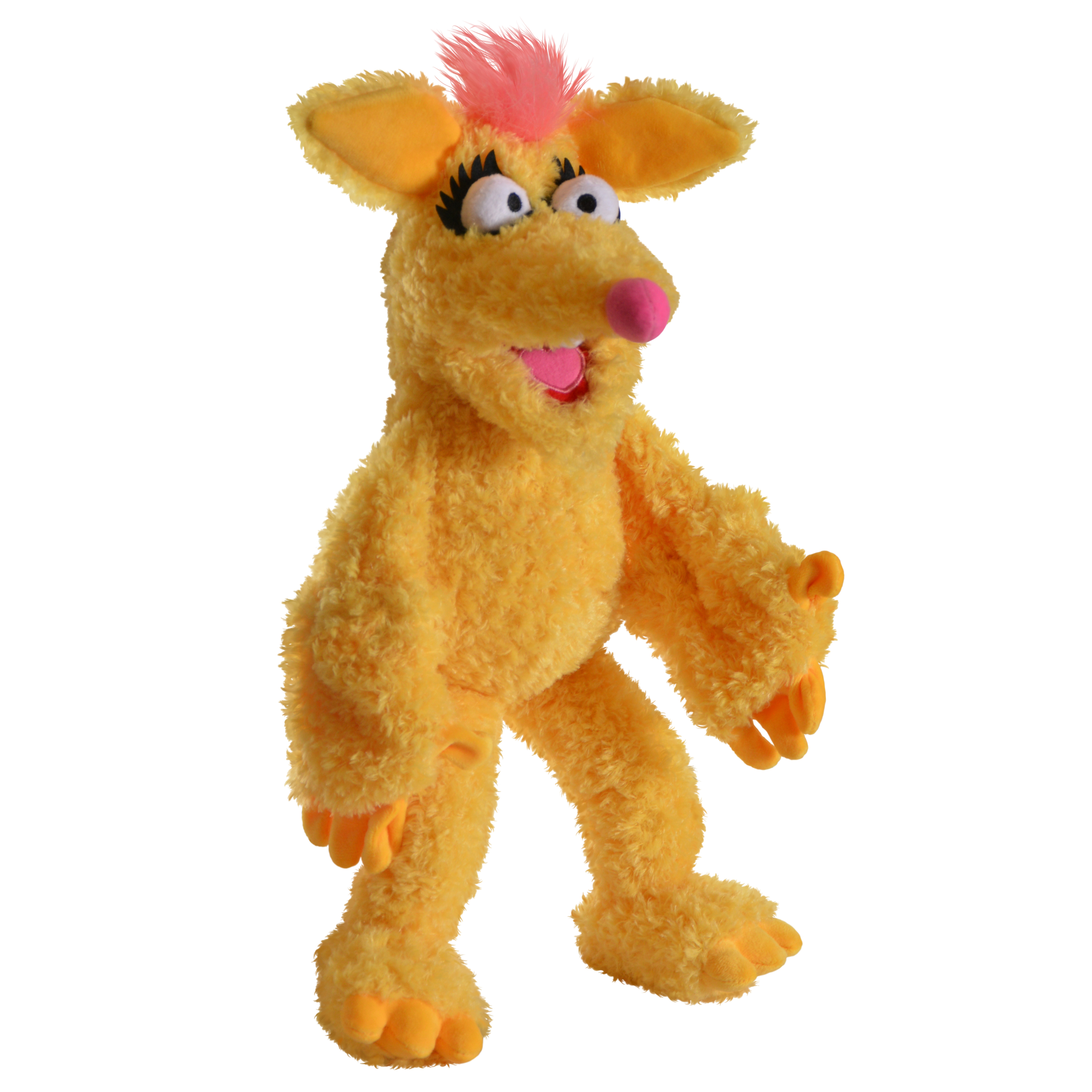 Living Puppets hand puppet Woonie from Woozle Goozle, yellow furry creature with a pink tuft of hair and a pink nose, standing, three-quarter view
