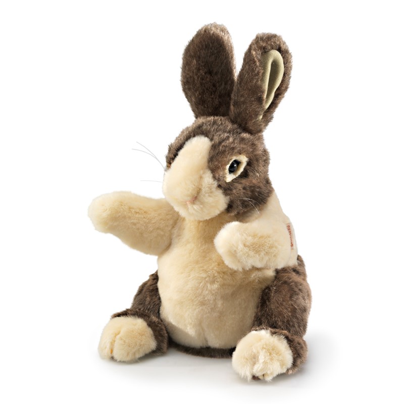 Folkmanis Baby Dutch Rabbit hand puppet, brown and cream plush bunny with upright ears, shown from a slight angle