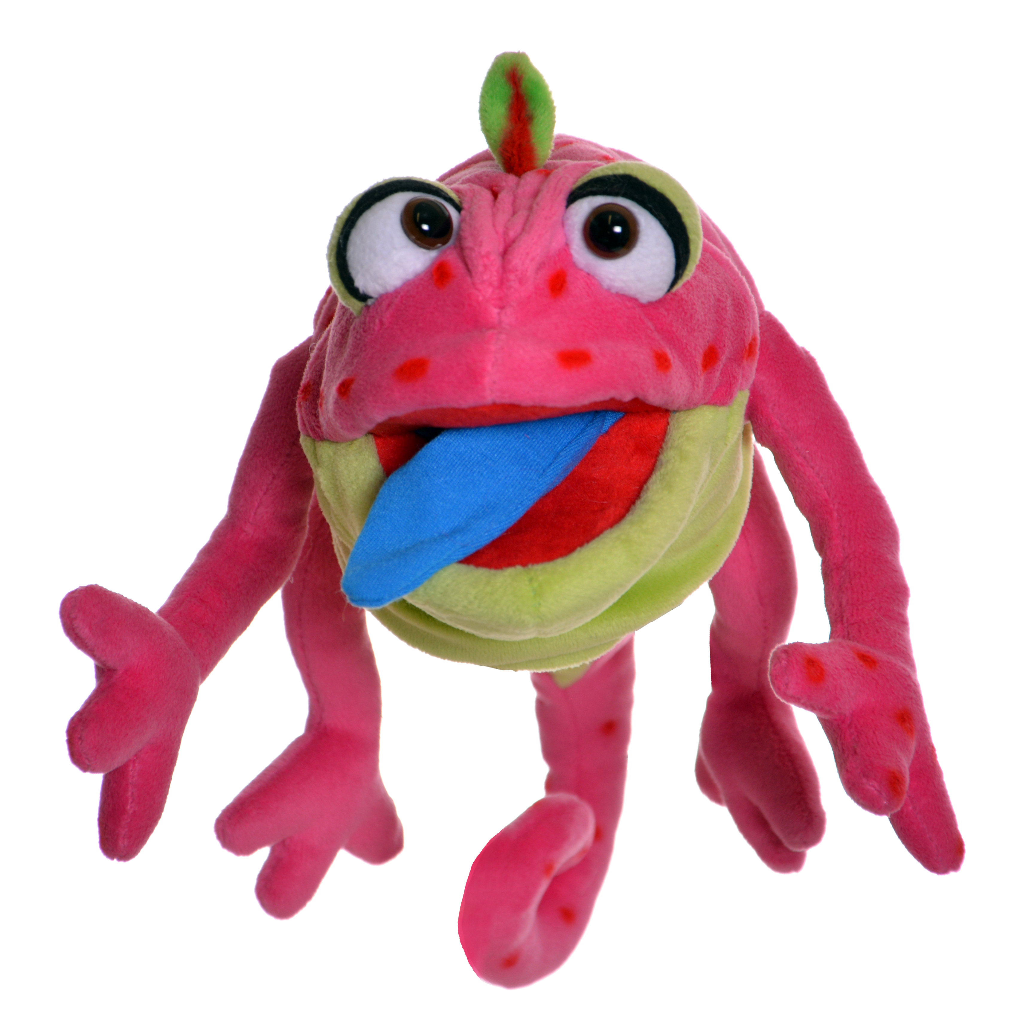Living Puppets hand puppet Wilhelminchen the chameleon, pink with red dots and its blue tongue sticking out, front view