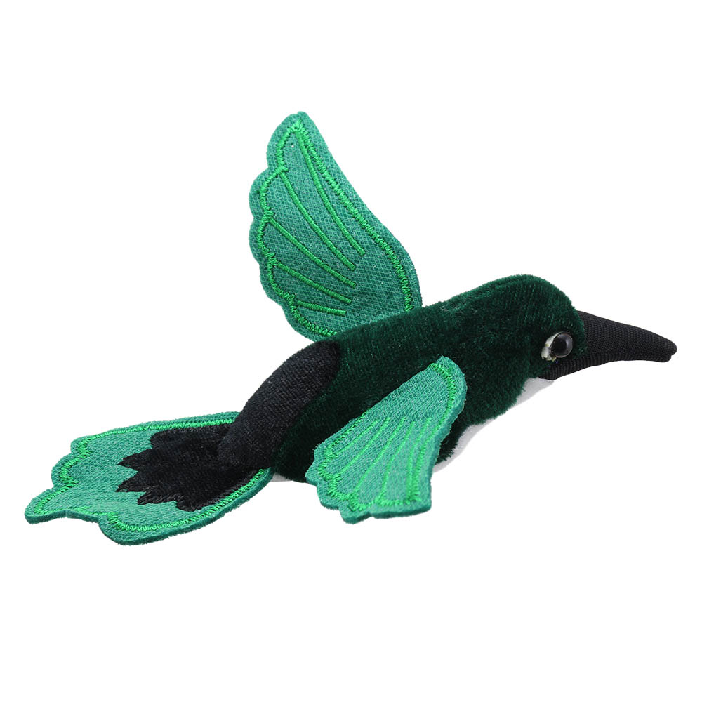 The Puppet Company finger puppet hummingbird, green hummingbird with a black head and spread wings