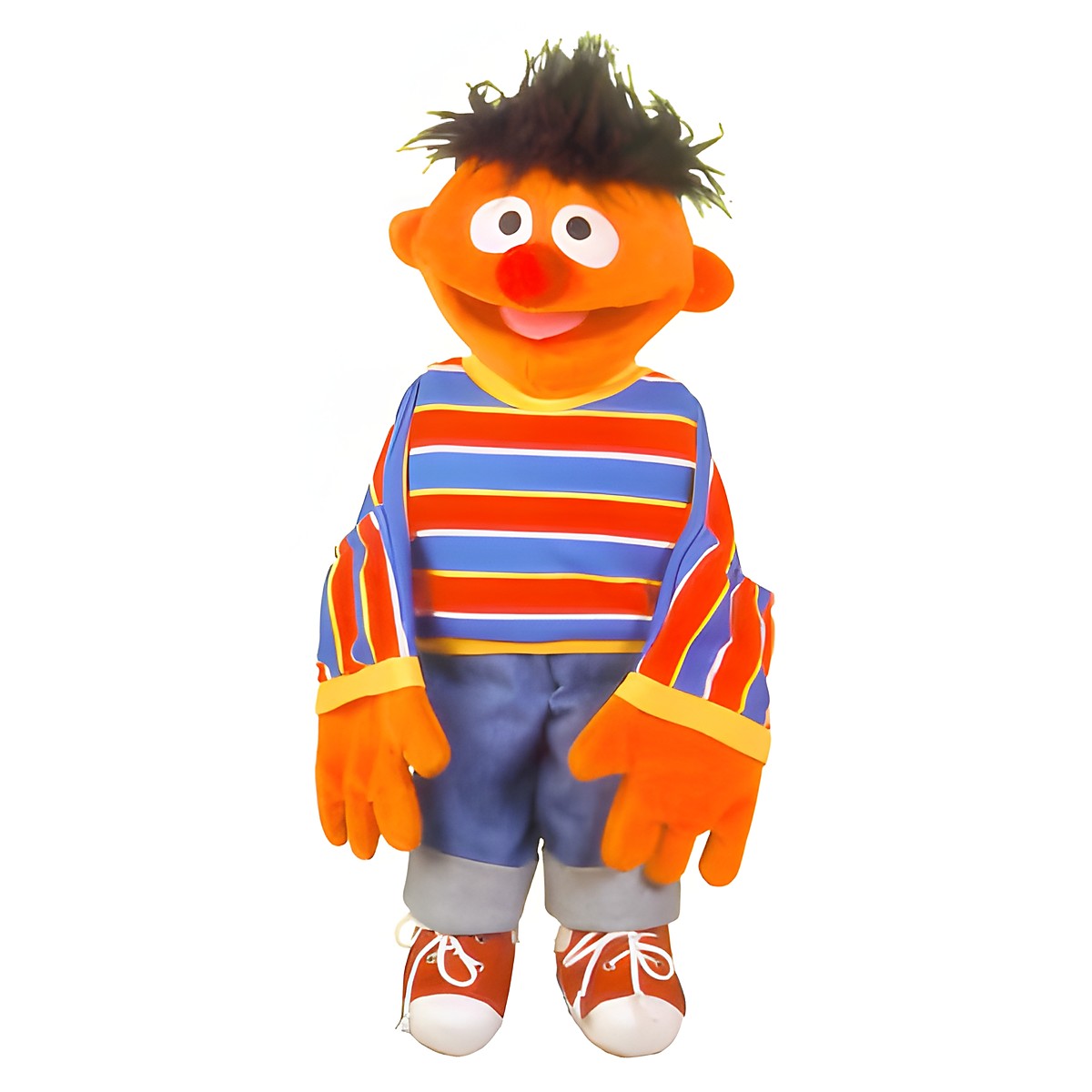 Living Puppets hand puppet Little Ernie from Sesame Street with an orange head, red and blue striped shirt and denim shorts