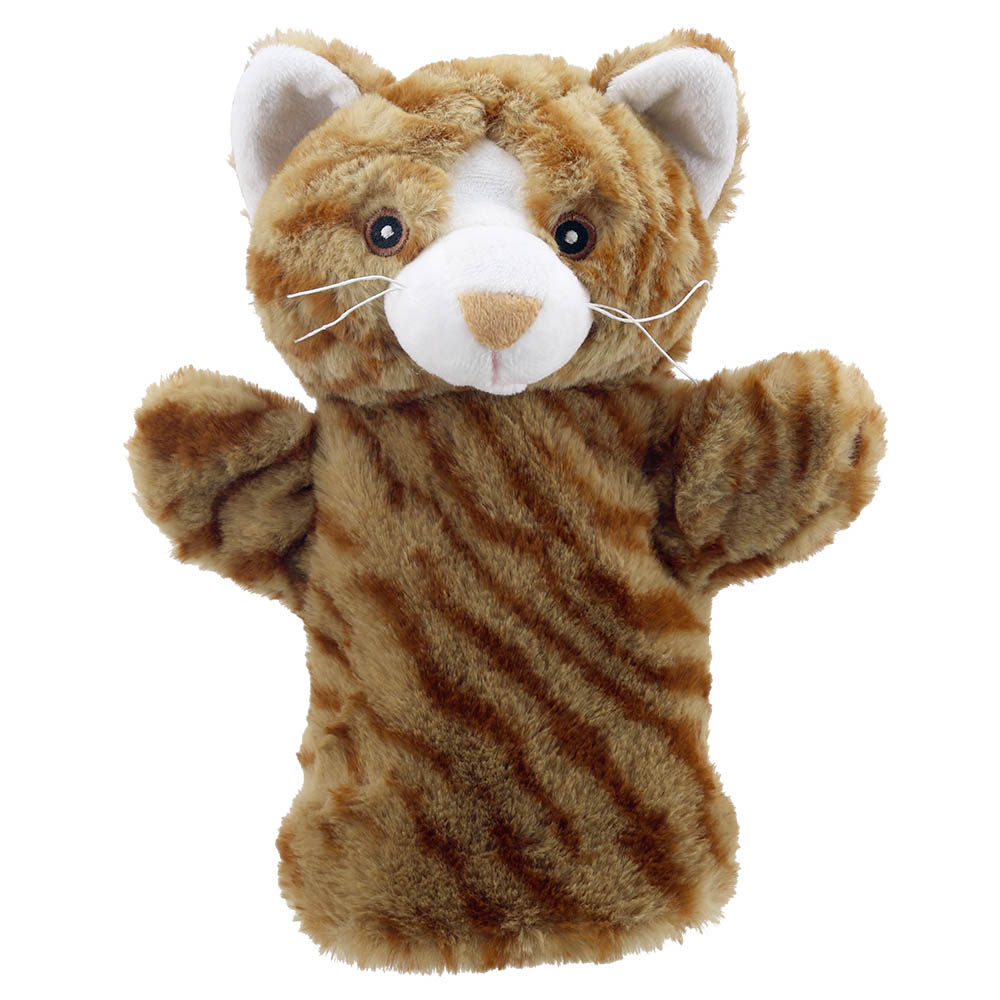 The Puppet Company baby hand puppet cat, red-brown tabby-striped puppet with a white muzzle and whiskers, front view