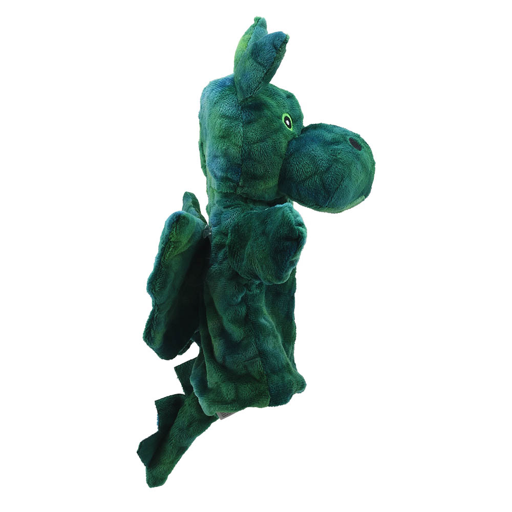 The Puppet Company baby hand puppet green dragon, close-up of the head with pointed ears