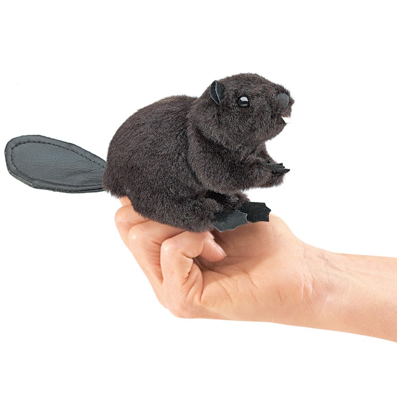 Folkmanis mini beaver finger puppet in dark brown plush with a flat faux leather tail, worn on a finger