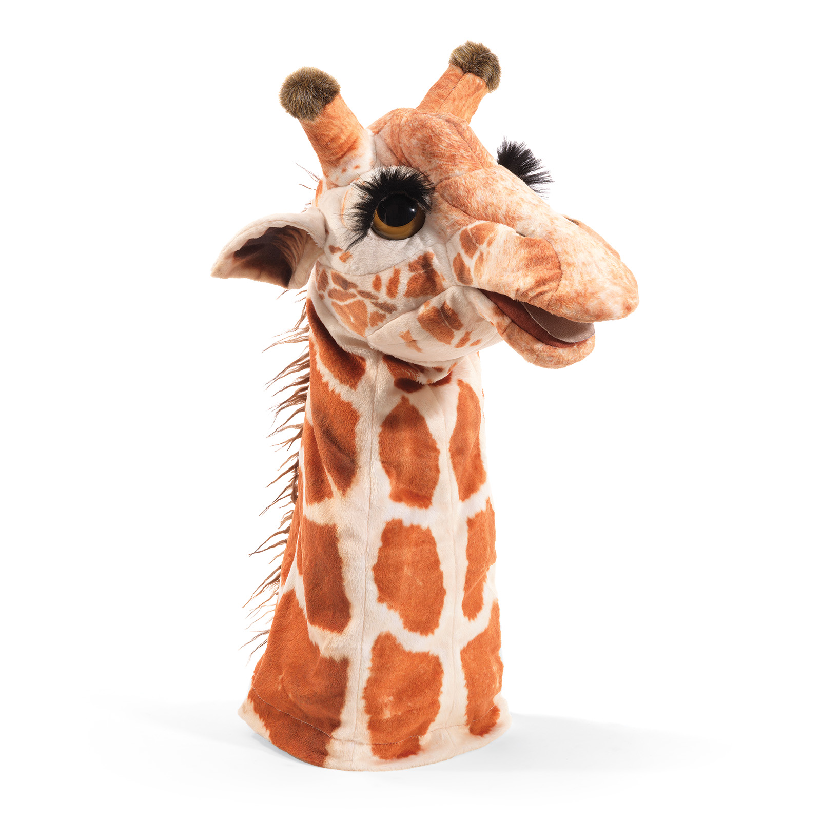 Folkmanis giraffe hand puppet with movable mouth, orange-brown spotted pattern and long mane, angled view