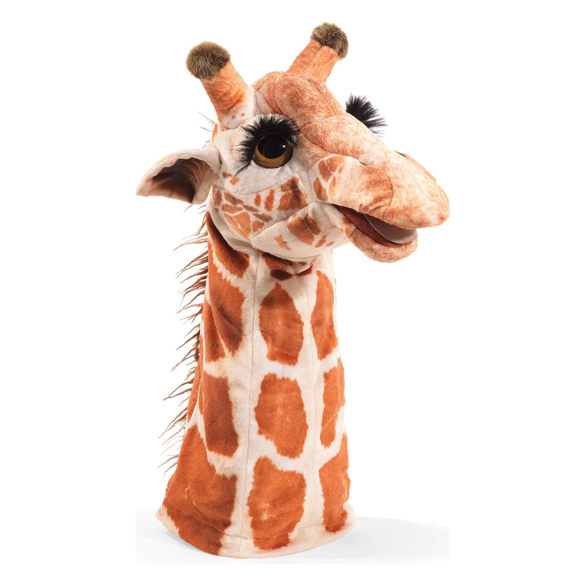 Folkmanis giraffe hand puppet with movable mouth, orange-brown spotted pattern and long mane, angled view