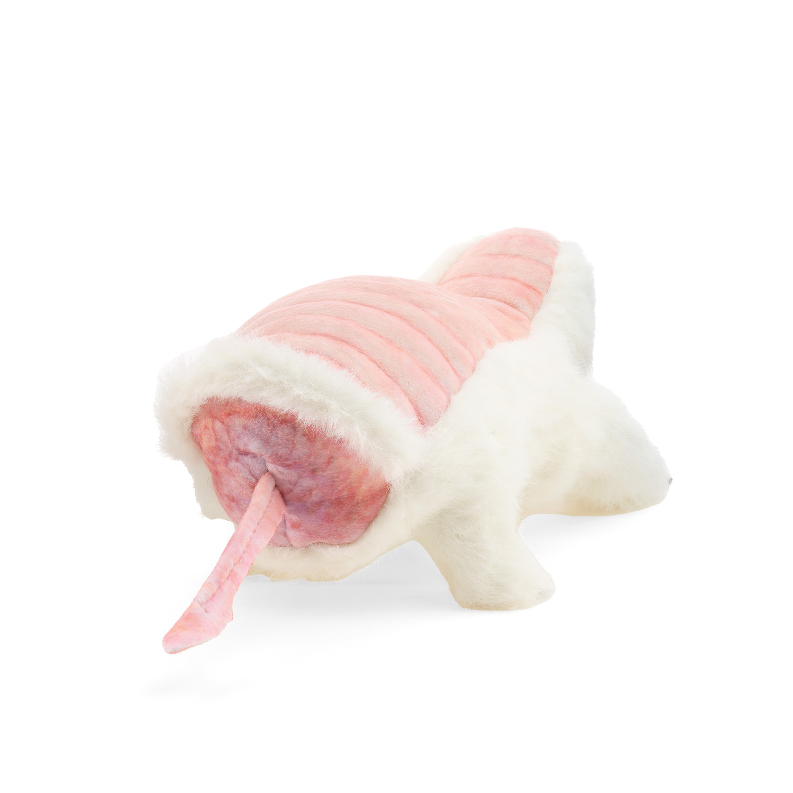 Folkmanis pink fairy armadillo hand puppet shown at an angle, with white plush fur, ribbed pink shell, and extendable tongue
