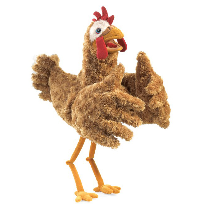Folkmanis chicken hand puppet in golden-brown curly plush with red comb, open beak and movable wings, side view