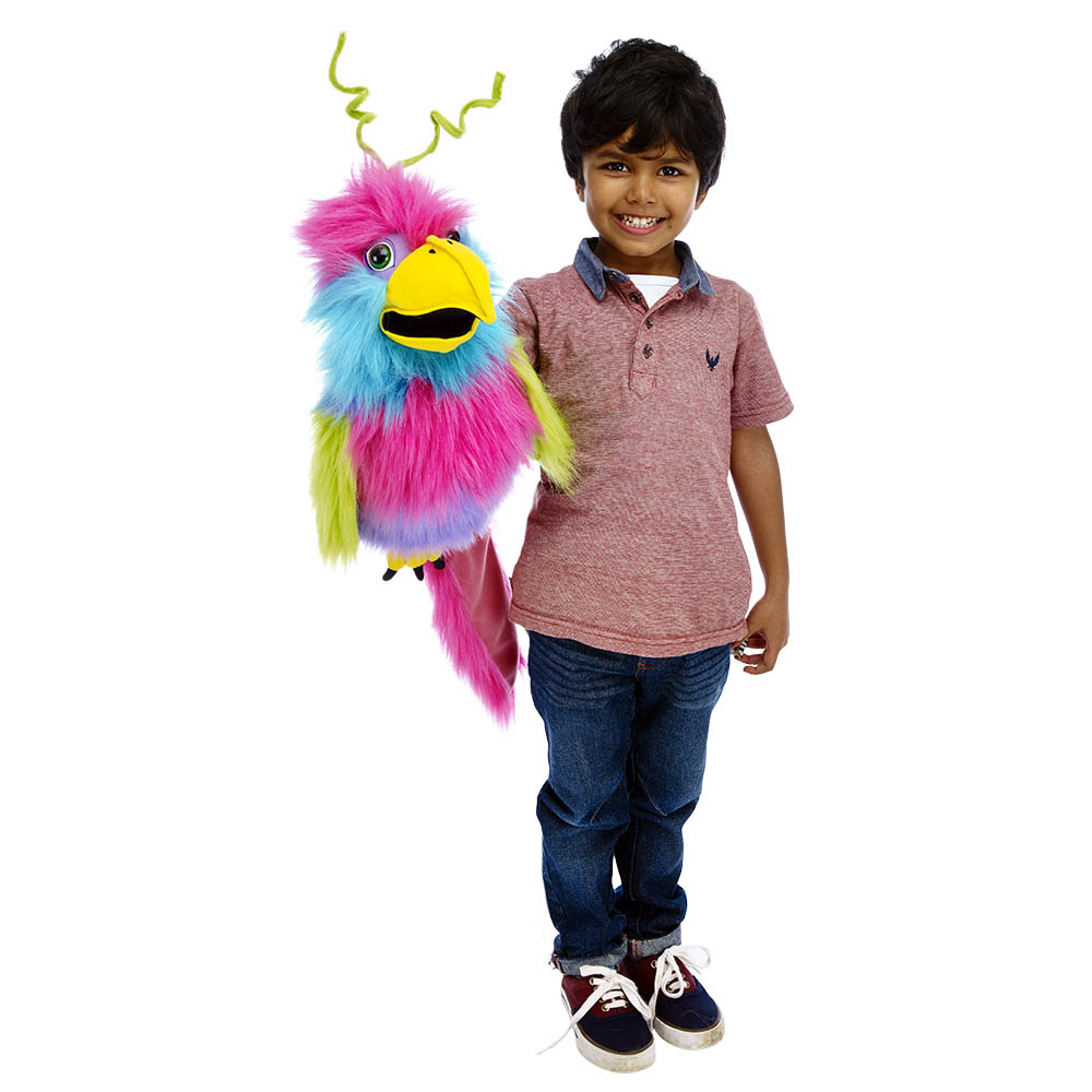 Boy holding the The Puppet Company bird of paradise hand puppet on his arm, usage example