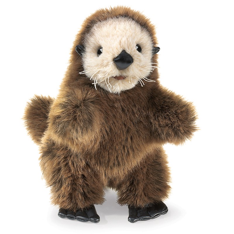 Folkmanis baby sea otter hand puppet with brown plush fur, cream-coloured face, white whiskers and black flippers, front view