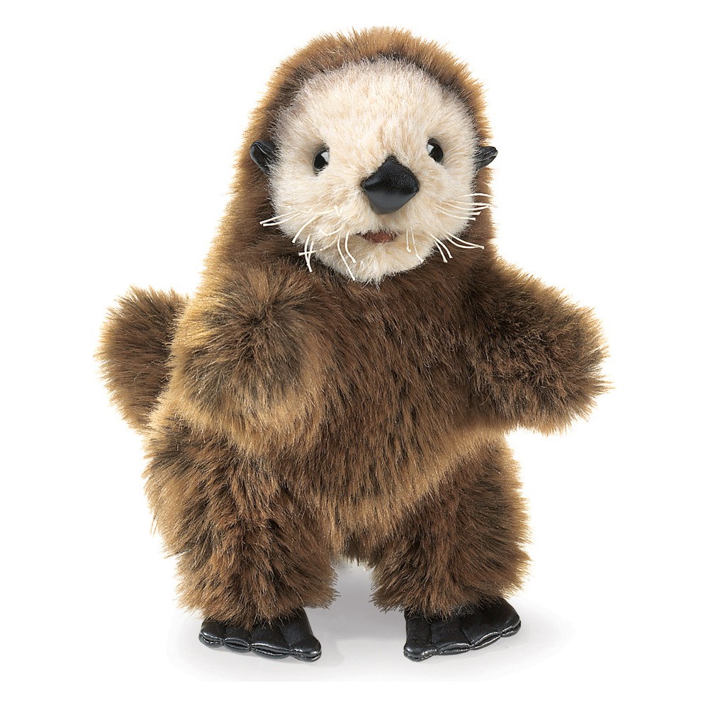 Folkmanis baby sea otter hand puppet with brown plush fur, cream-coloured face, white whiskers and black flippers, front view