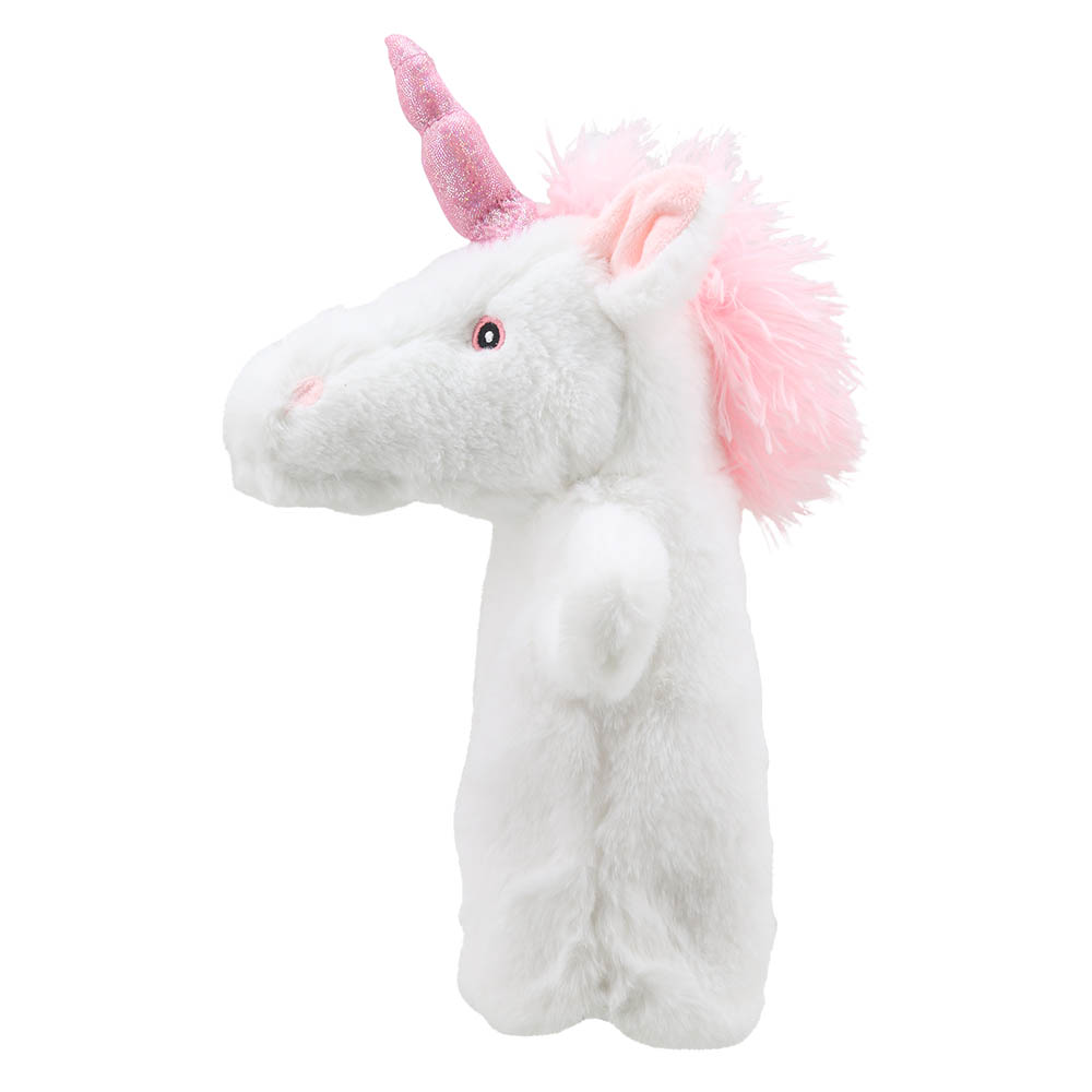 The Puppet Company hand puppet unicorn, back view with the pink mane and glittery horn