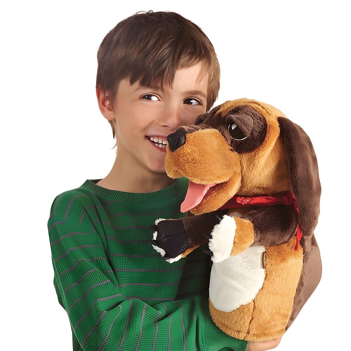 Laughing boy holding a Folkmanis dog hand puppet with an open mouth, stuck-out tongue, and red collar in his arms