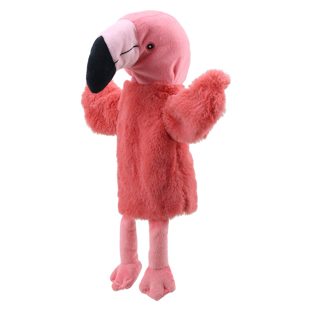 The Puppet Company baby hand puppet flamingo, side view with lowered head and pink plumage