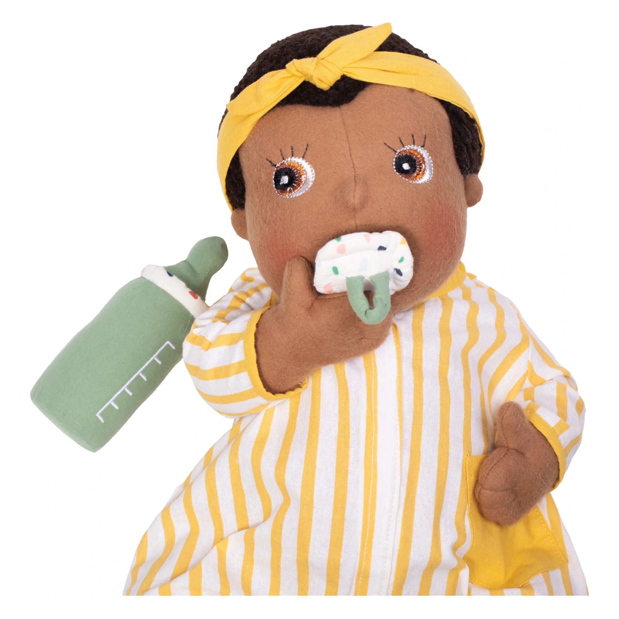 Rubens Barn baby doll with pacifier in its mouth and green fabric bottle