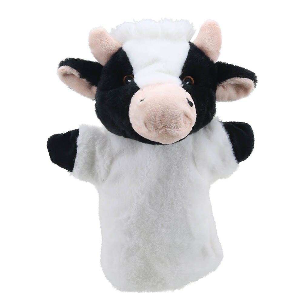 The Puppet Company baby hand puppet cow, black and white puppet with a pink nose and white forelock, front view