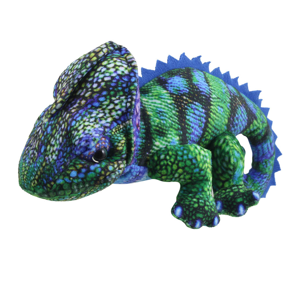 The Puppet Company Little Creatures finger puppet chameleon blue-green, blue and green patterned finger puppet with a jagged back